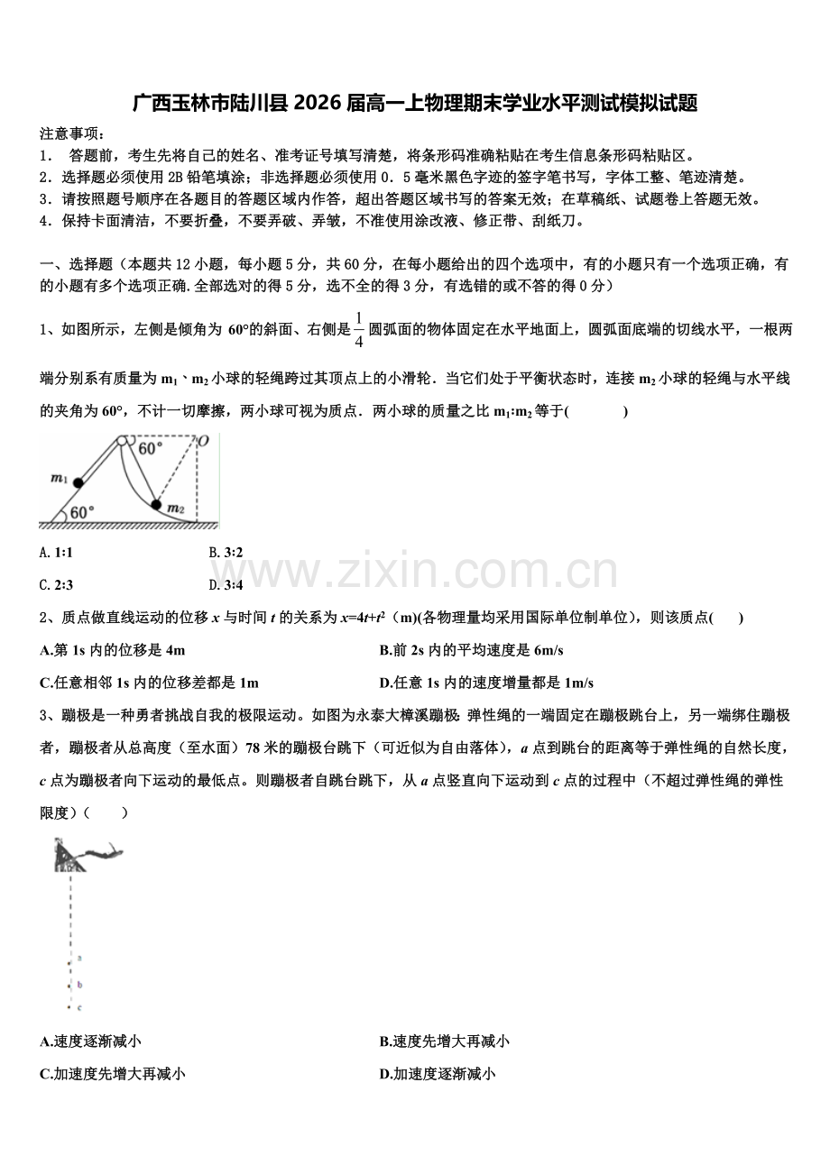 广西玉林市陆川县2026届高一上物理期末学业水平测试模拟试题含解析.doc_第1页