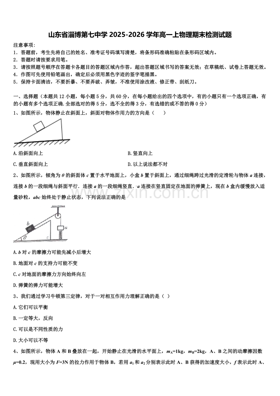 山东省淄博第七中学2025-2026学年高一上物理期末检测试题含解析.doc_第1页