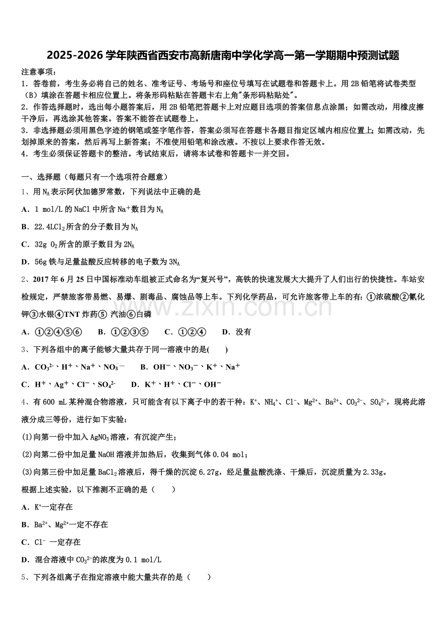 2025-2026学年陕西省西安市高新唐南中学化学高一第一学期期中预测试题含解析.doc_第1页
