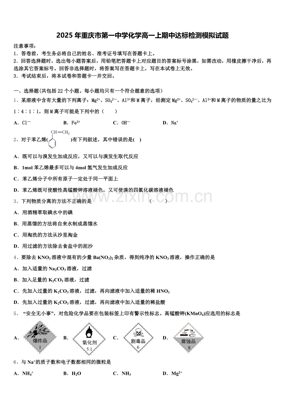 2025年重庆市第一中学化学高一上期中达标检测模拟试题含解析.doc_第1页