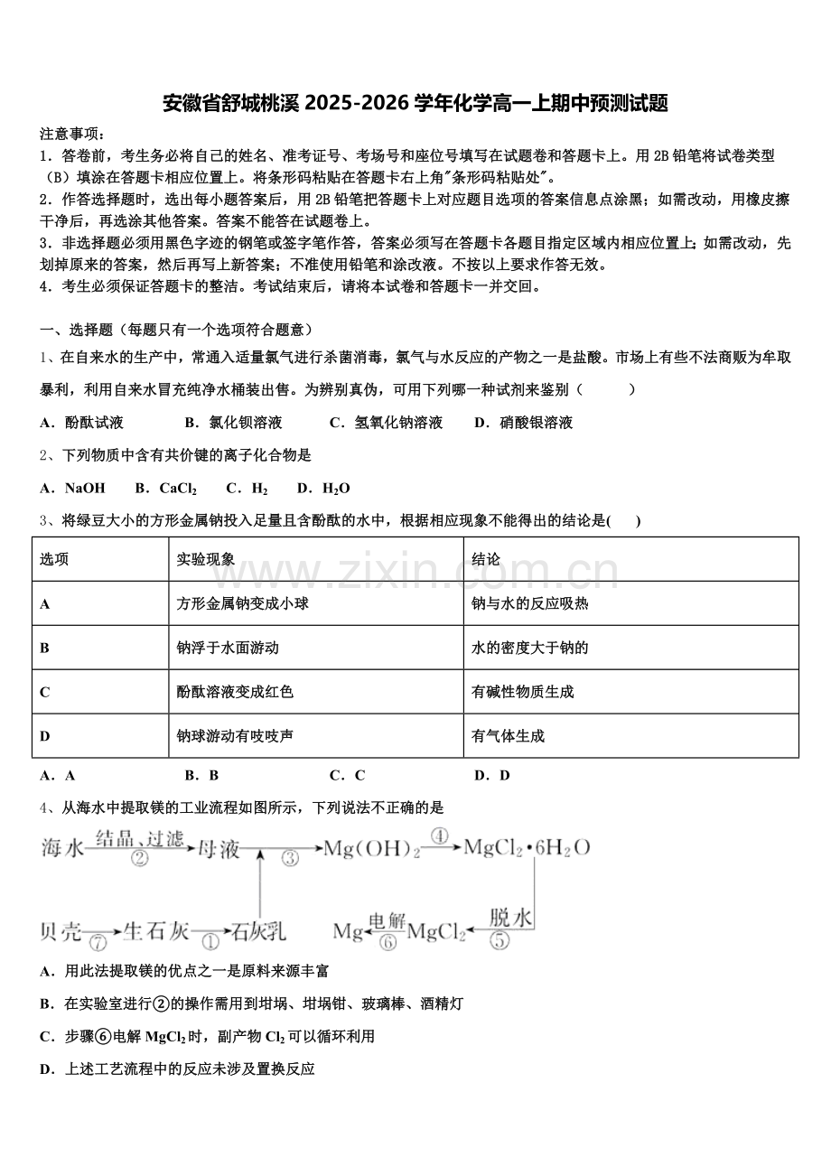 安徽省舒城桃溪2025-2026学年化学高一上期中预测试题含解析.doc_第1页