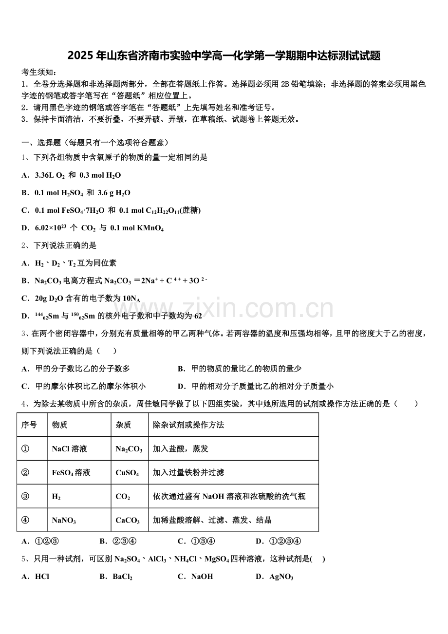 2025年山东省济南市实验中学高一化学第一学期期中达标测试试题含解析.doc_第1页