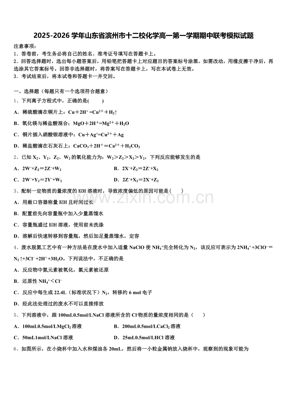 2025-2026学年山东省滨州市十二校化学高一第一学期期中联考模拟试题含解析.doc_第1页