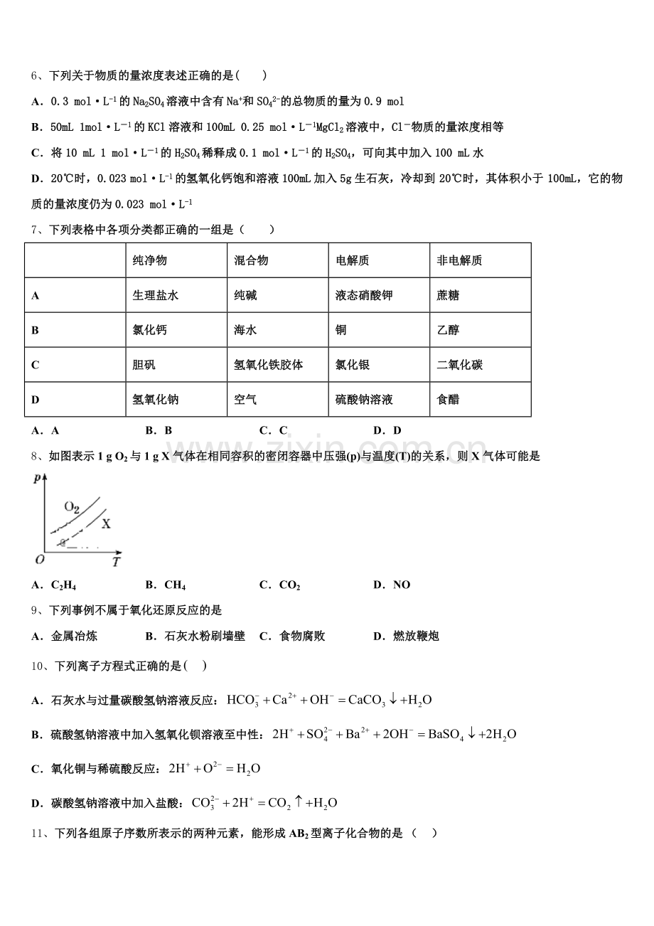 山东省重点中学2025年高一化学第一学期期中统考模拟试题含解析.doc_第2页