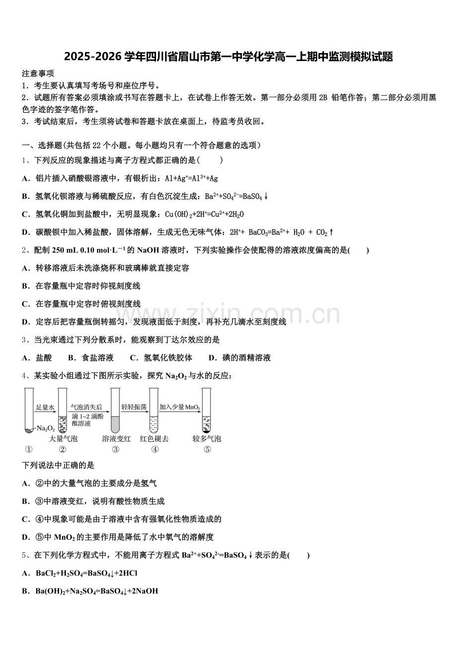 2025-2026学年四川省眉山市第一中学化学高一上期中监测模拟试题含解析.doc_第1页