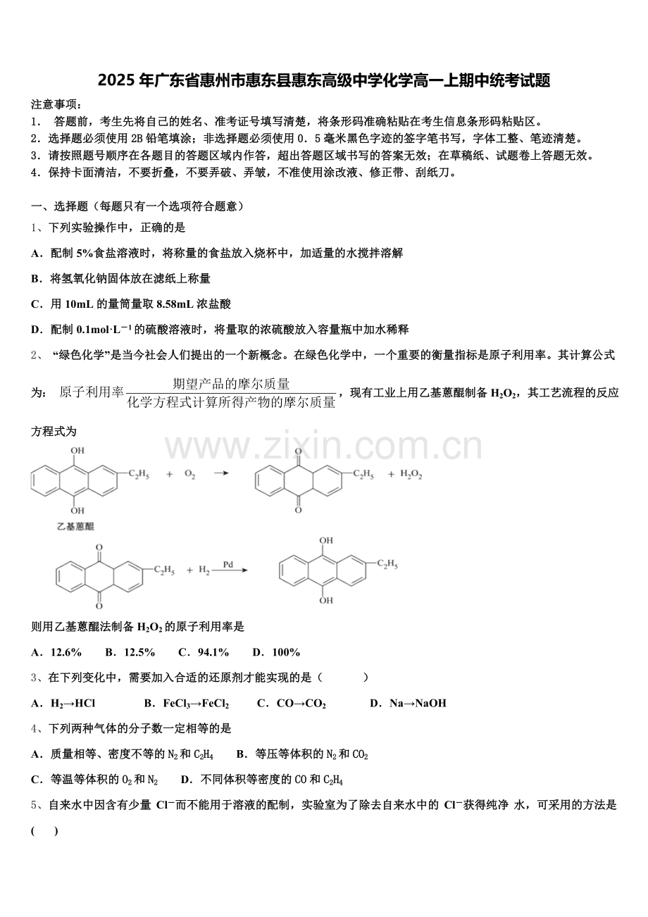 2025年广东省惠州市惠东县惠东高级中学化学高一上期中统考试题含解析.doc_第1页