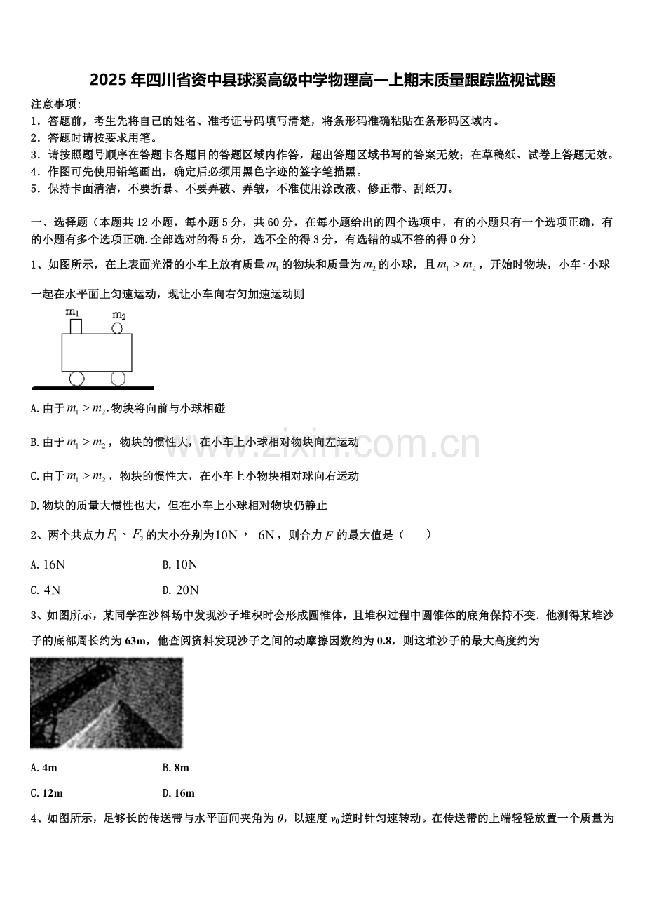 2025年四川省资中县球溪高级中学物理高一上期末质量跟踪监视试题含解析.doc_第1页