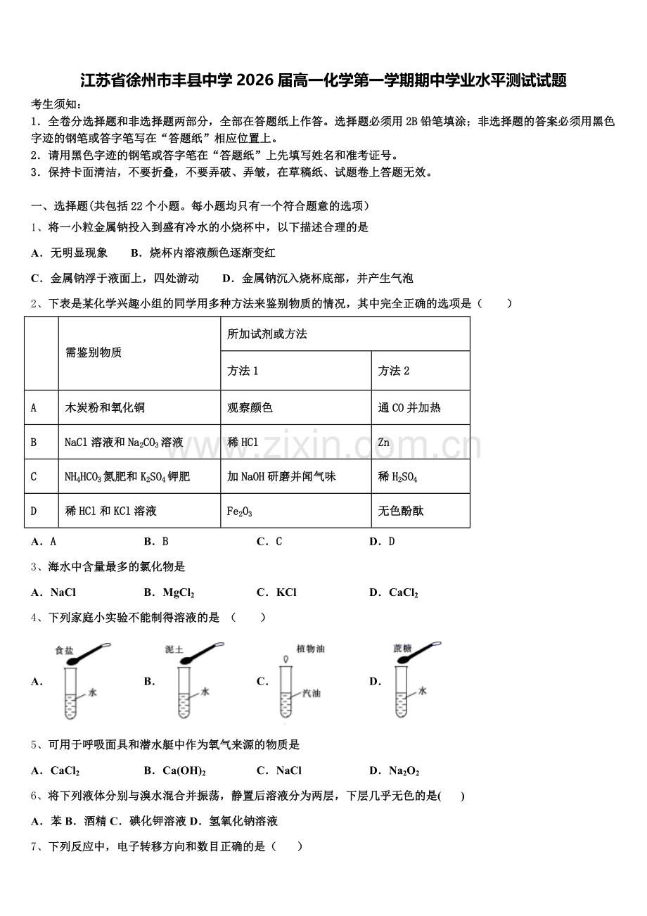 江苏省徐州市丰县中学2026届高一化学第一学期期中学业水平测试试题含解析.doc_第1页
