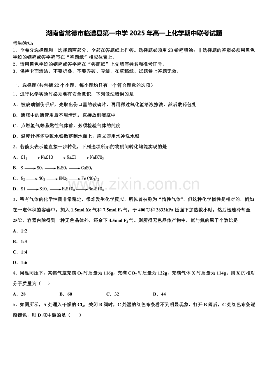 湖南省常德市临澧县第一中学2025年高一上化学期中联考试题含解析.doc_第1页