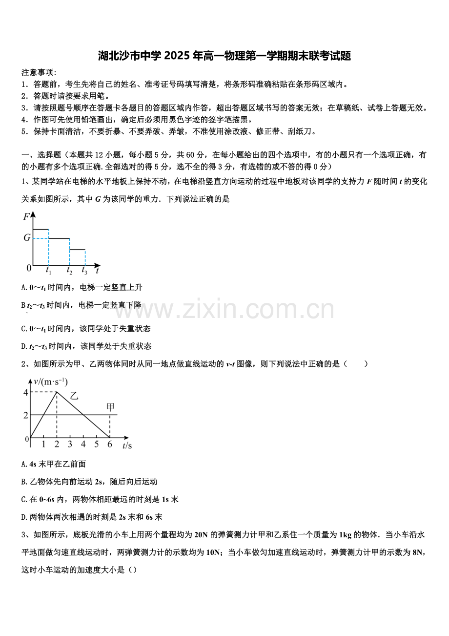 湖北沙市中学2025年高一物理第一学期期末联考试题含解析.doc_第1页