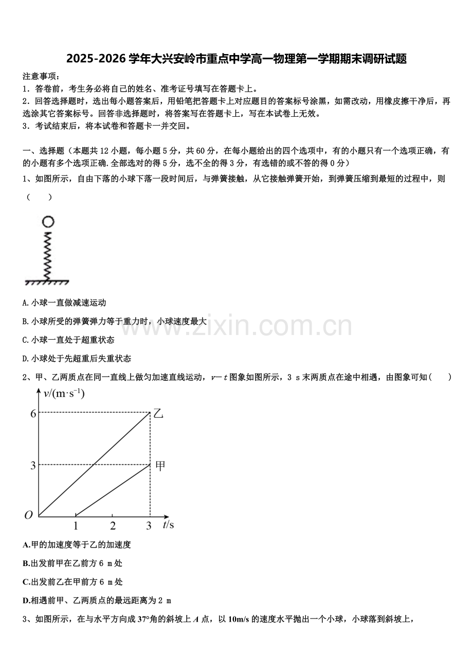 2025-2026学年大兴安岭市重点中学高一物理第一学期期末调研试题含解析.doc_第1页