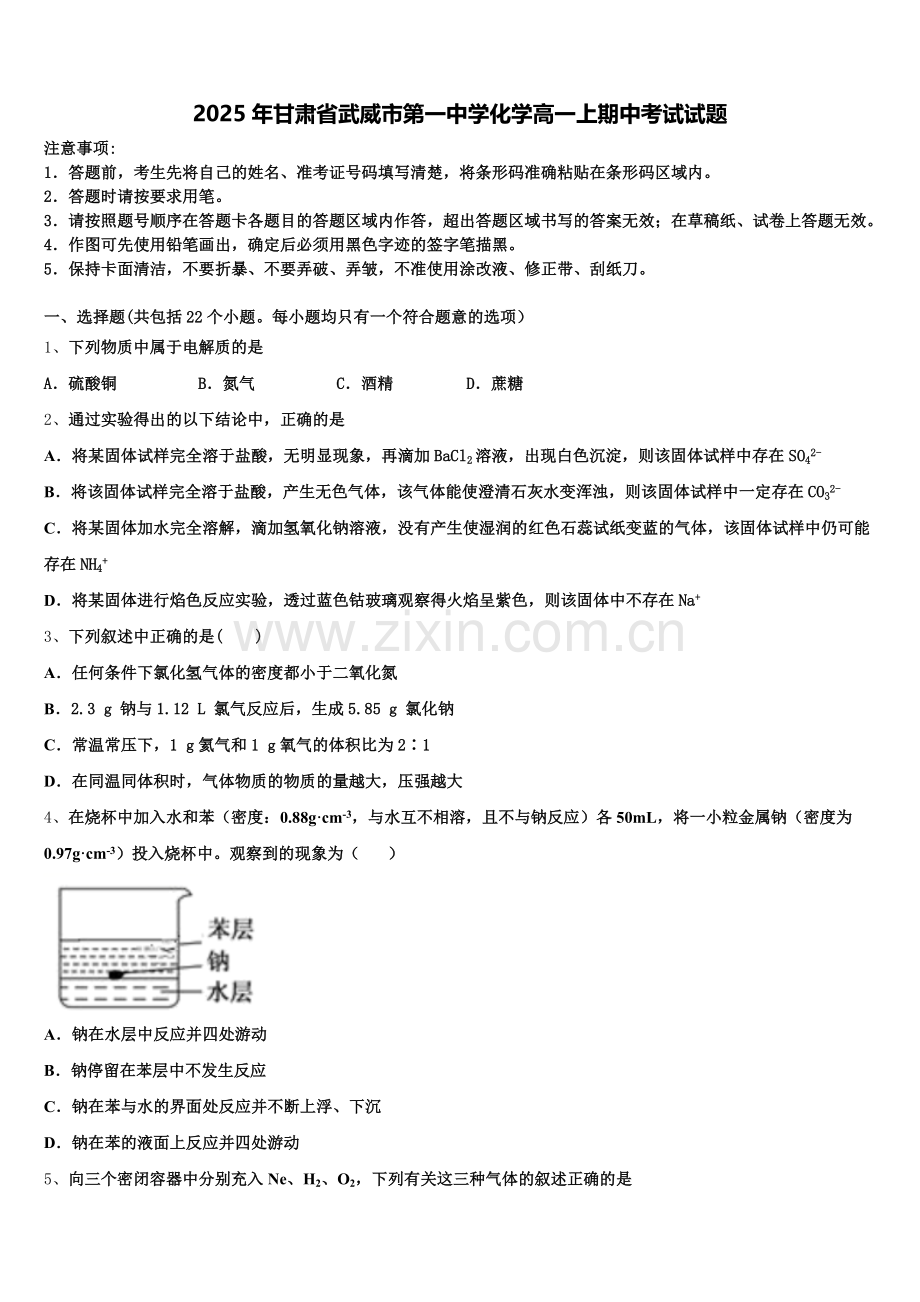 2025年甘肃省武威市第一中学化学高一上期中考试试题含解析.doc_第1页