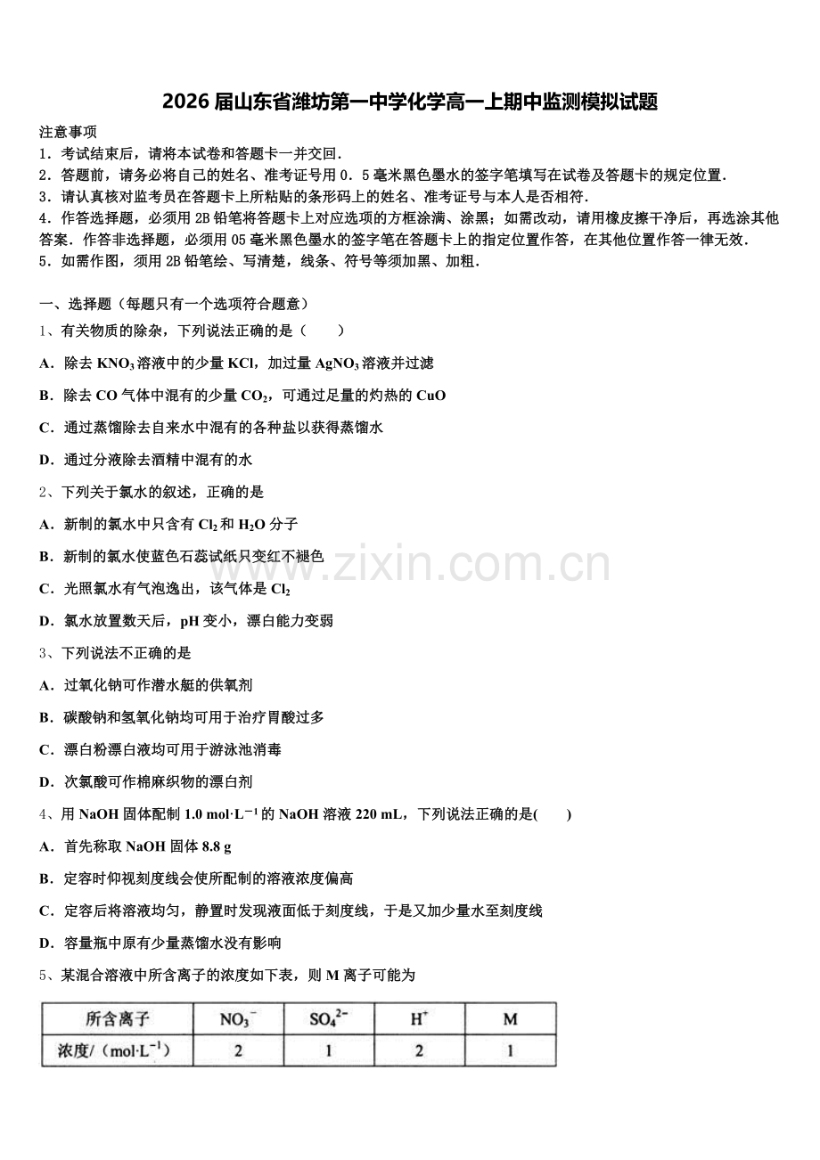 2026届山东省潍坊第一中学化学高一上期中监测模拟试题含解析.doc_第1页
