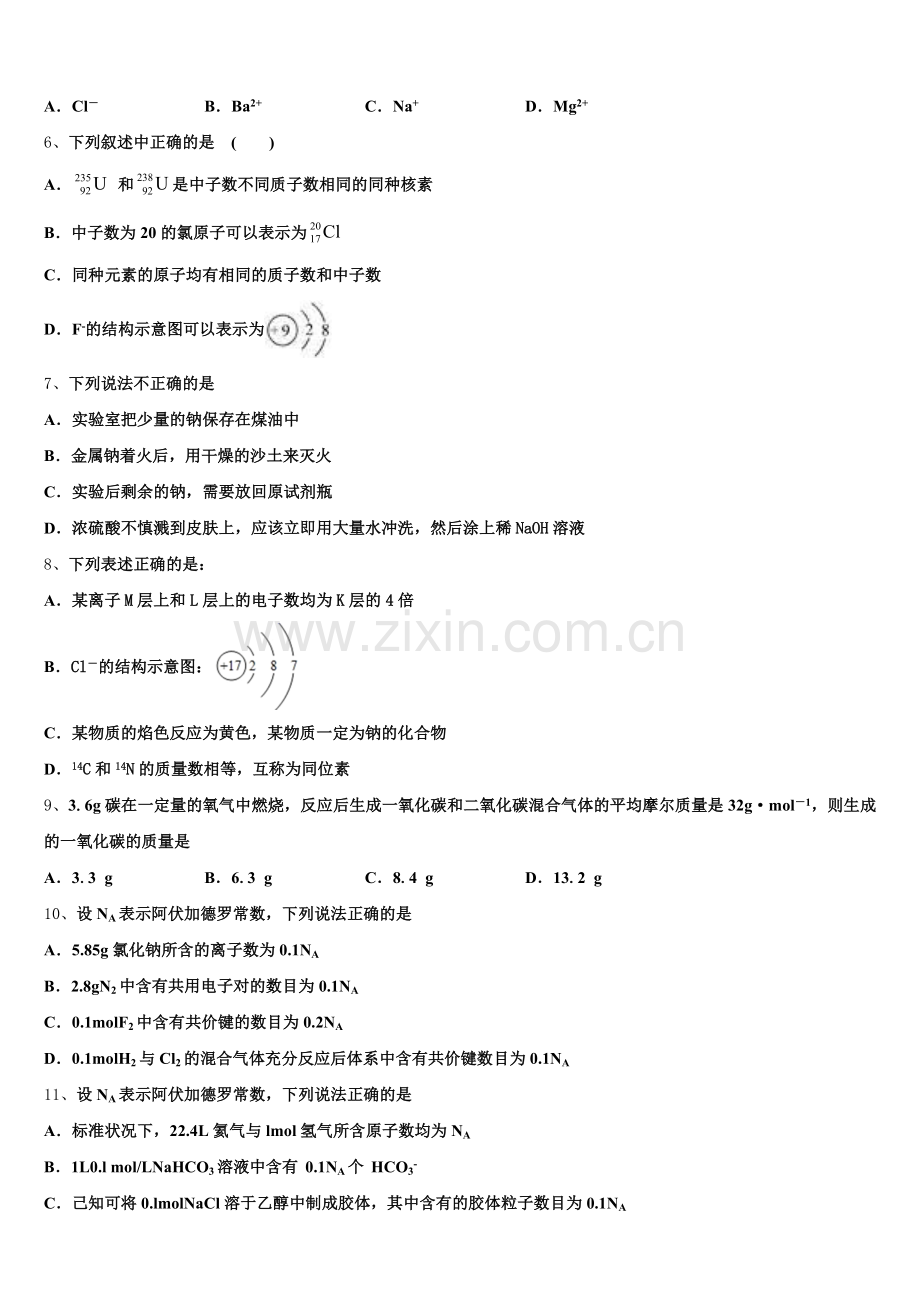 2026届山东省潍坊第一中学化学高一上期中监测模拟试题含解析.doc_第2页