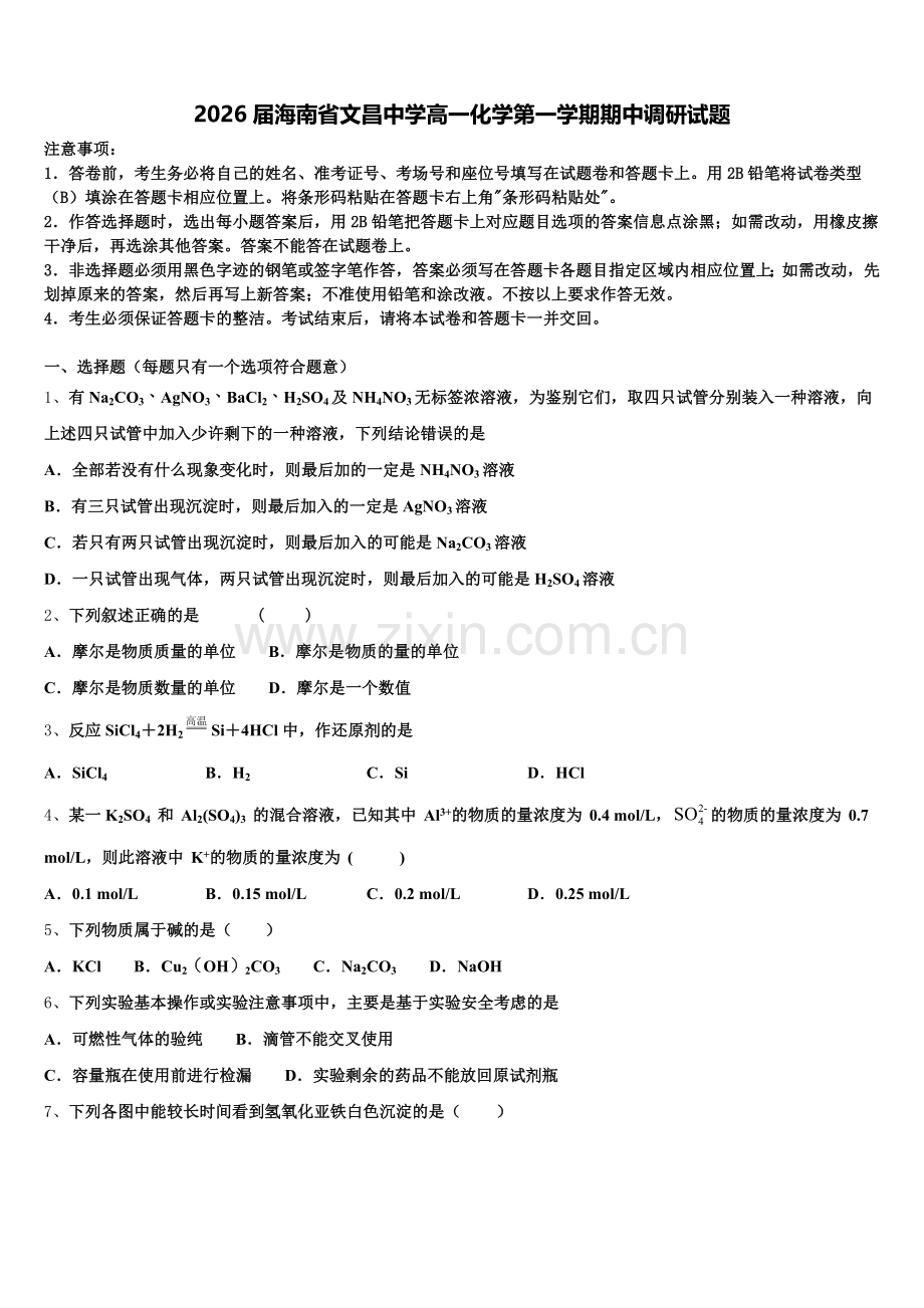 2026届海南省文昌中学高一化学第一学期期中调研试题含解析.doc_第1页