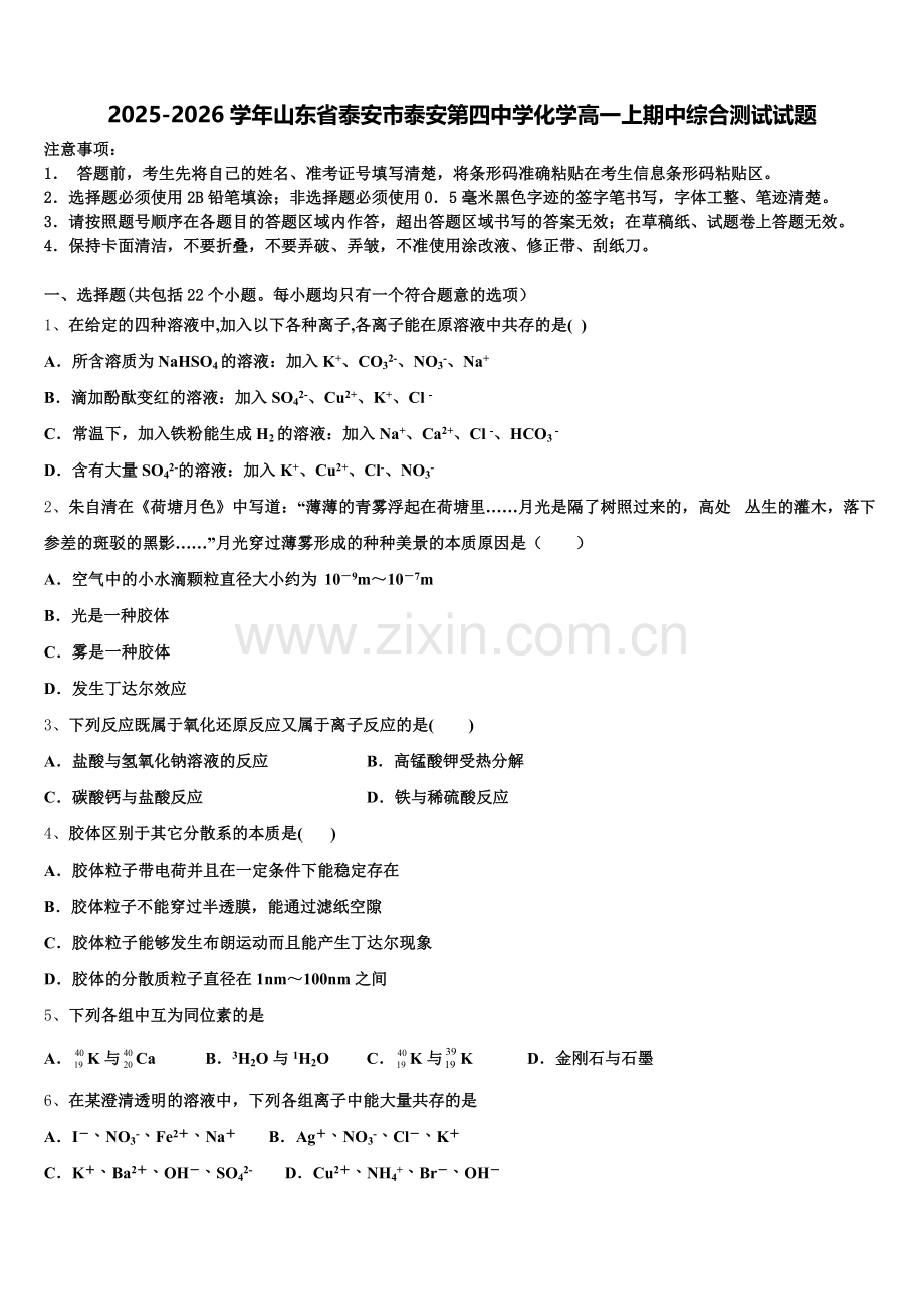 2025-2026学年山东省泰安市泰安第四中学化学高一上期中综合测试试题含解析.doc_第1页