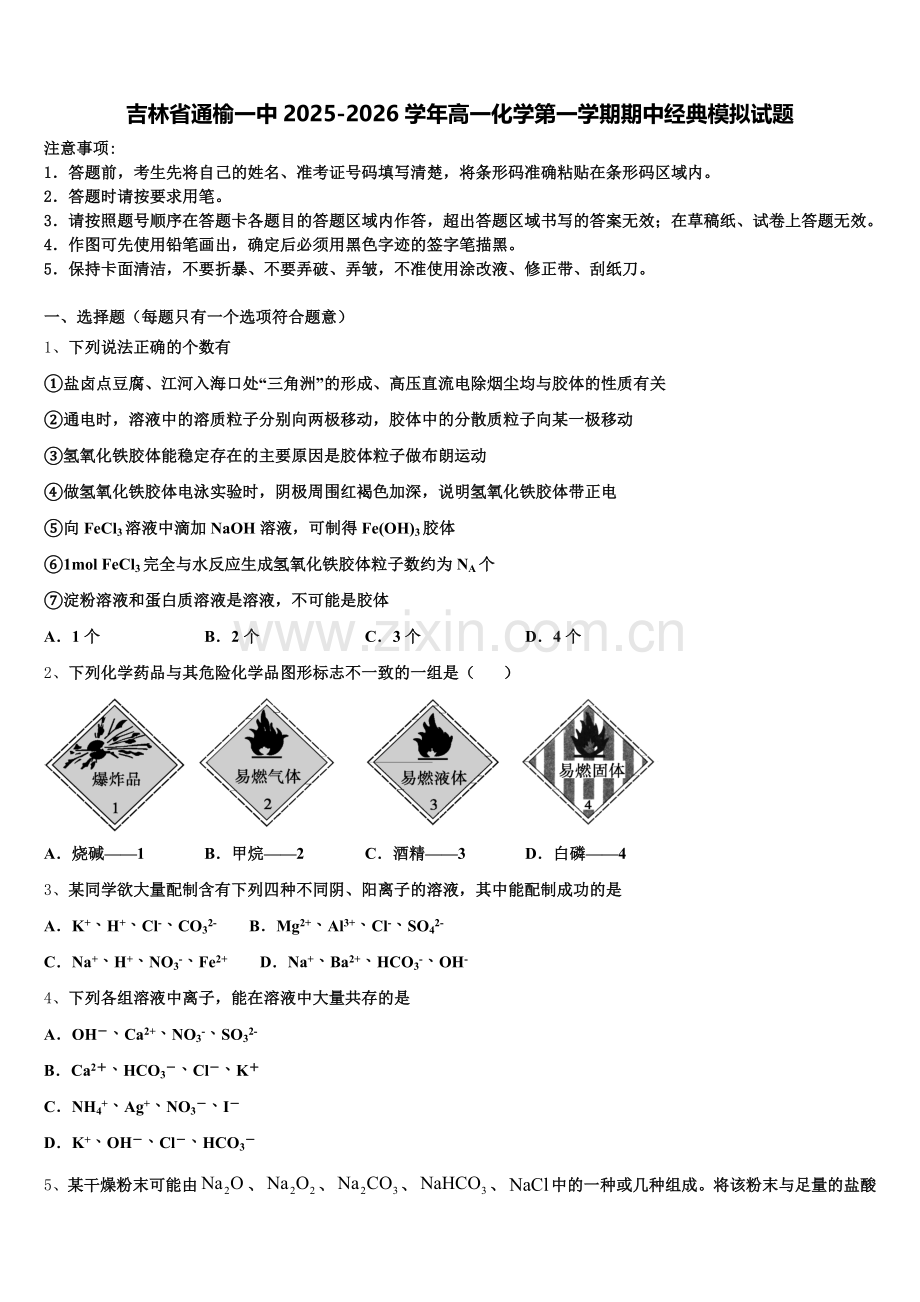 吉林省通榆一中2025-2026学年高一化学第一学期期中经典模拟试题含解析.doc_第1页