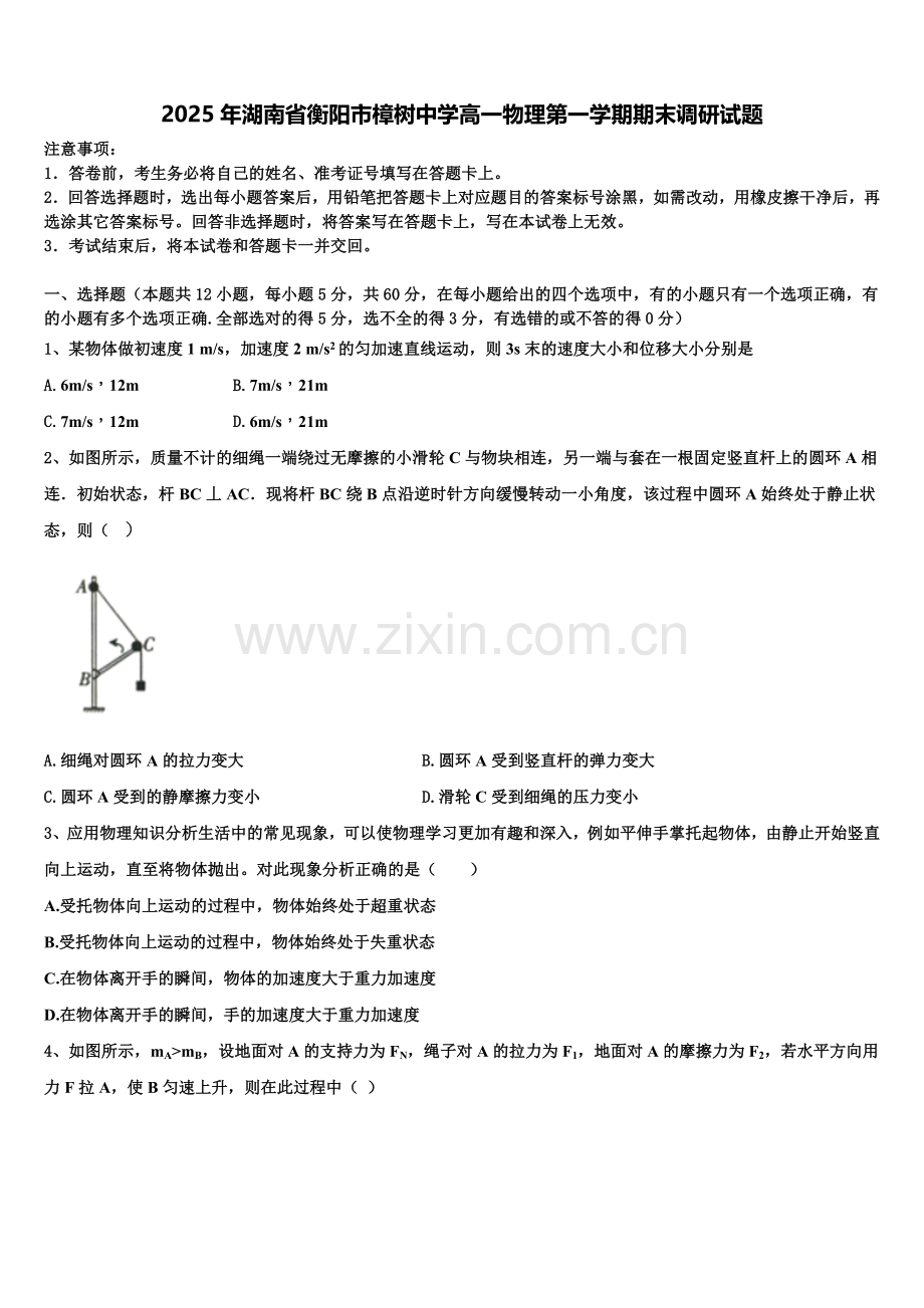 2025年湖南省衡阳市樟树中学高一物理第一学期期末调研试题含解析.doc_第1页
