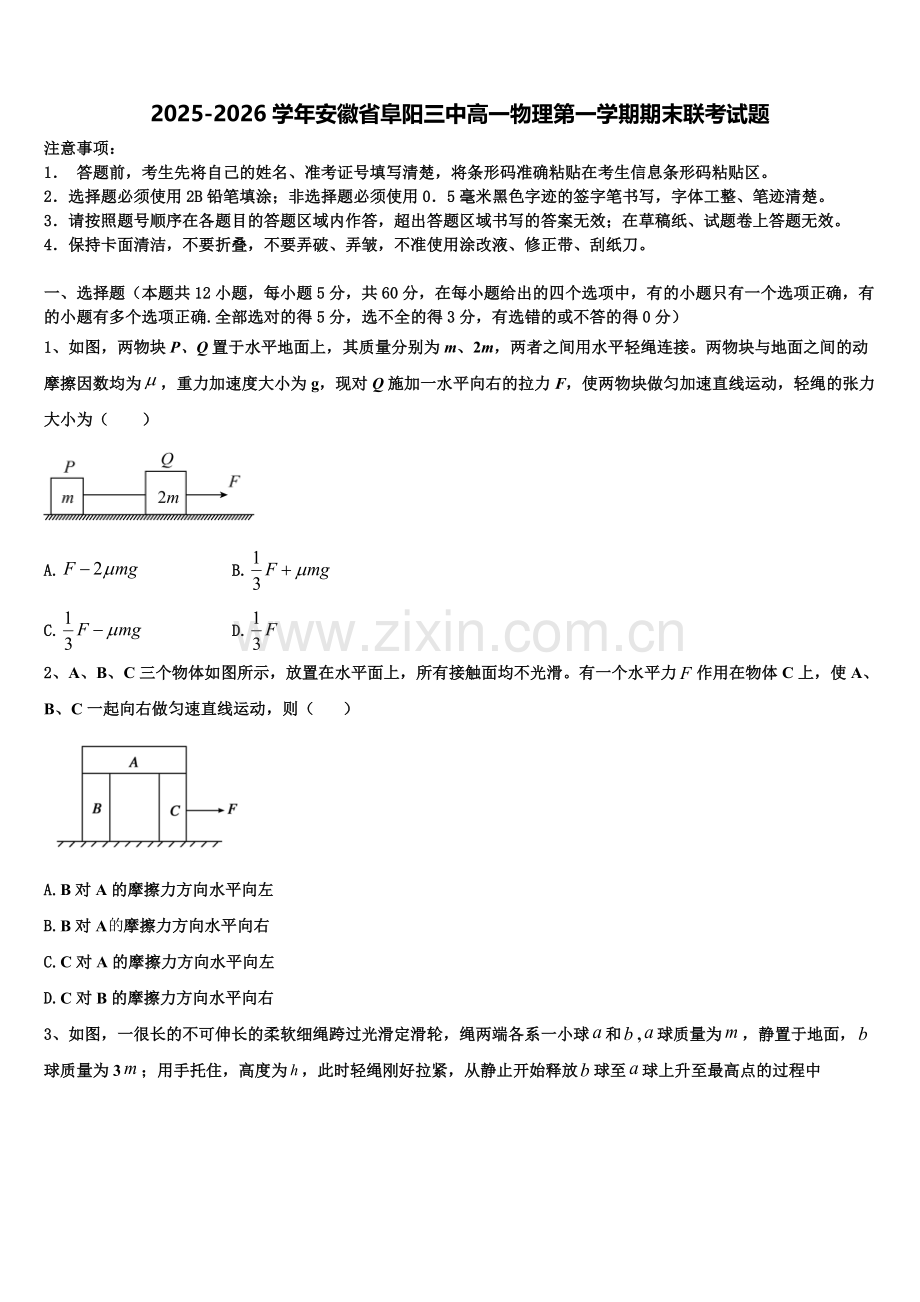 2025-2026学年安徽省阜阳三中高一物理第一学期期末联考试题含解析.doc_第1页