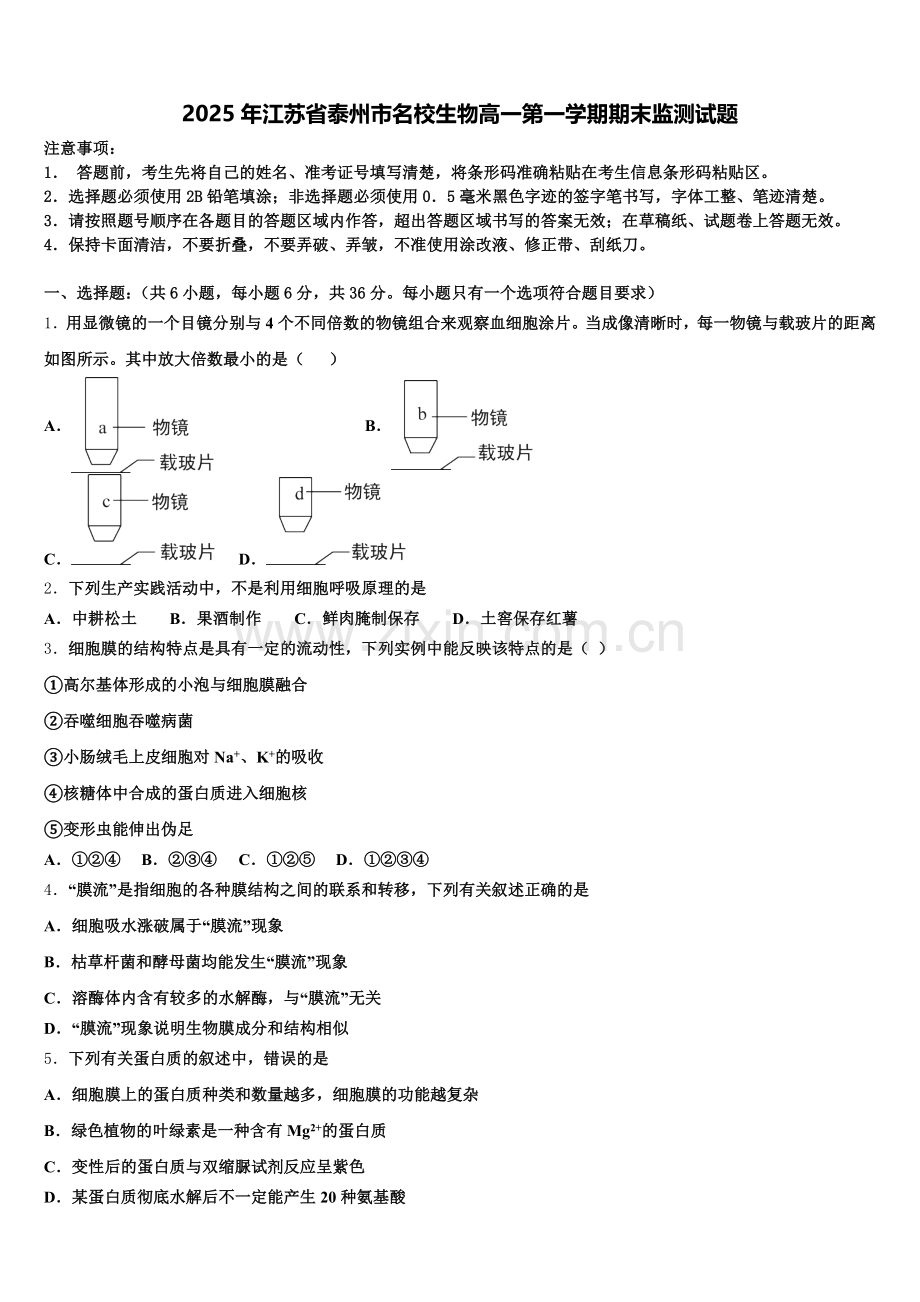 2025年江苏省泰州市名校生物高一第一学期期末监测试题含解析.doc_第1页