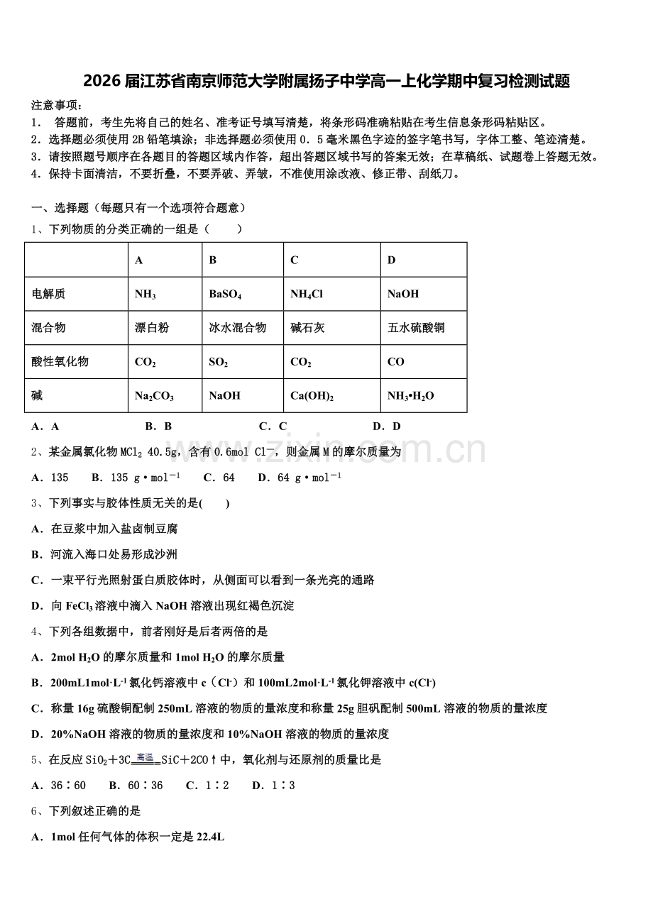 2026届江苏省南京师范大学附属扬子中学高一上化学期中复习检测试题含解析.doc_第1页
