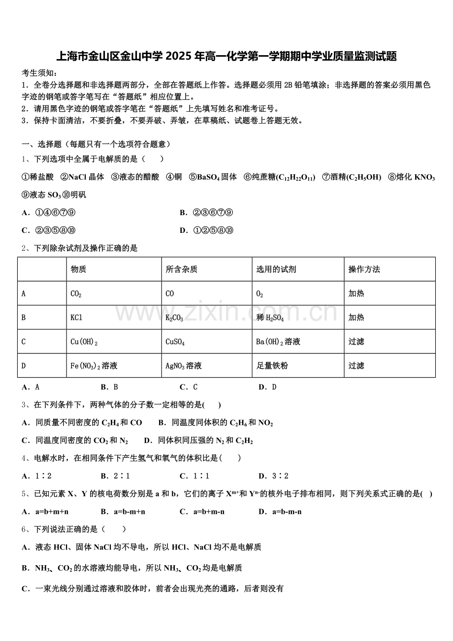 上海市金山区金山中学2025年高一化学第一学期期中学业质量监测试题含解析.doc_第1页