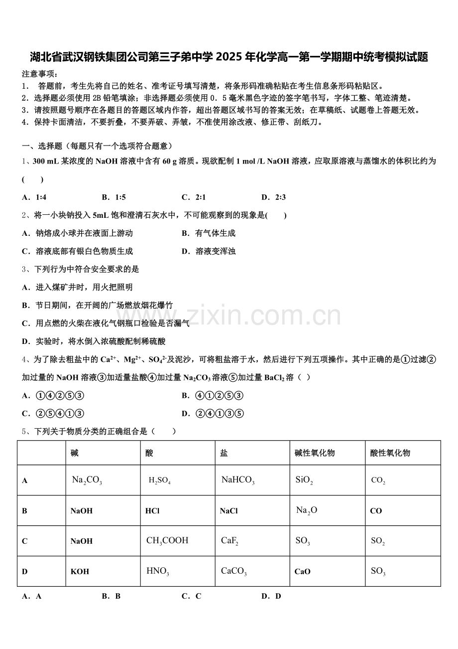 湖北省武汉钢铁集团公司第三子弟中学2025年化学高一第一学期期中统考模拟试题含解析.doc_第1页