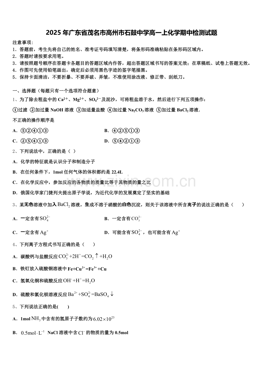 2025年广东省茂名市高州市石鼓中学高一上化学期中检测试题含解析.doc_第1页