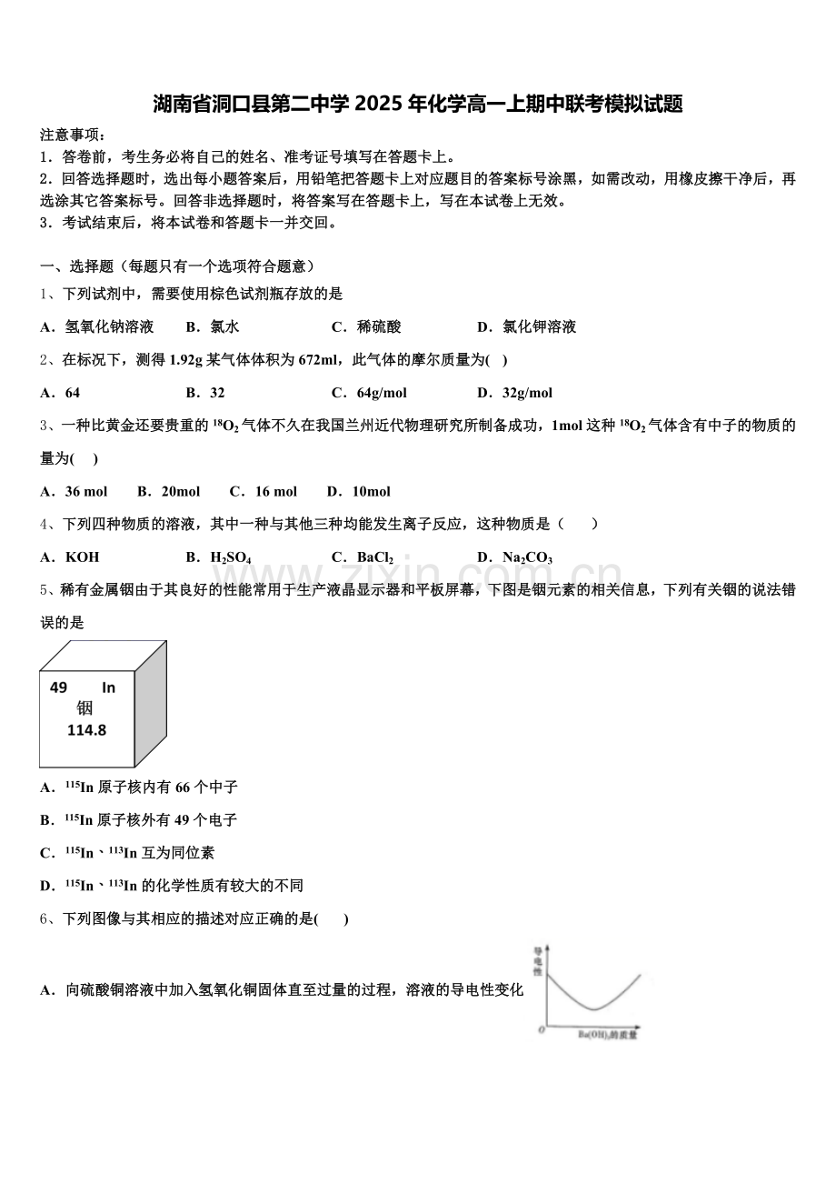 湖南省洞口县第二中学2025年化学高一上期中联考模拟试题含解析.doc_第1页