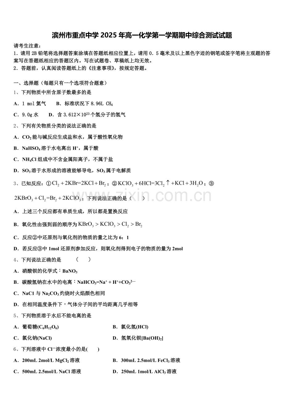 滨州市重点中学2025年高一化学第一学期期中综合测试试题含解析.doc_第1页