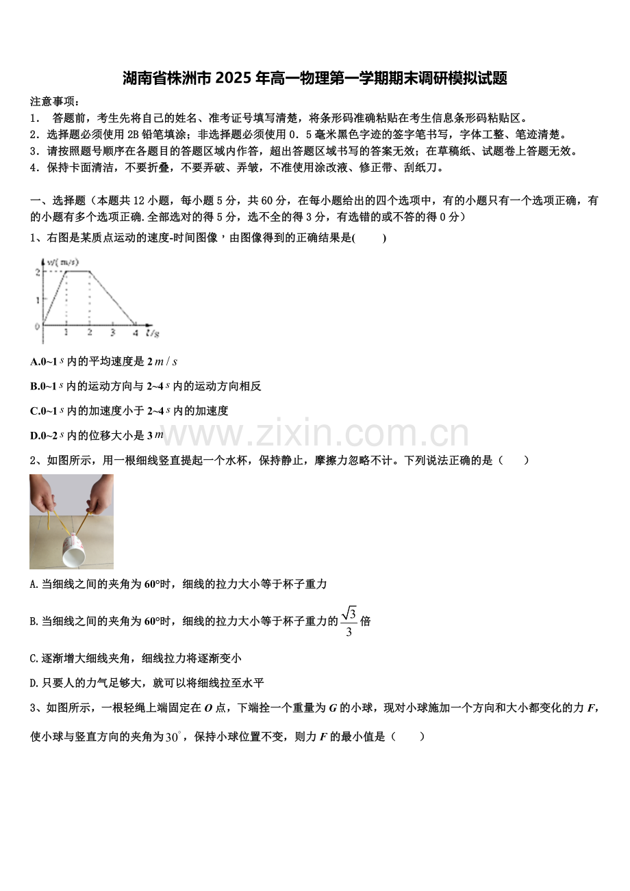 湖南省株洲市2025年高一物理第一学期期末调研模拟试题含解析.doc_第1页