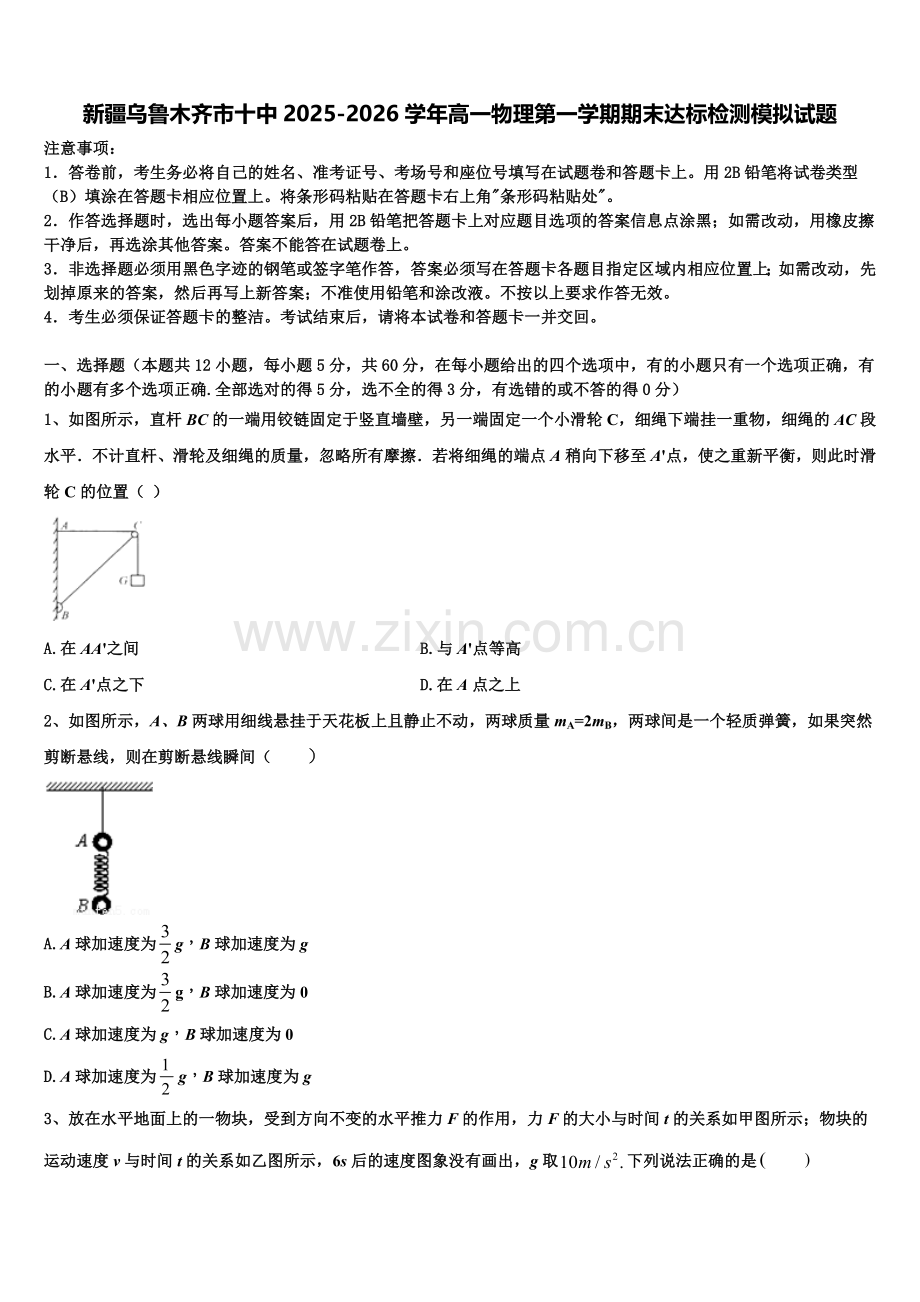 新疆乌鲁木齐市十中2025-2026学年高一物理第一学期期末达标检测模拟试题含解析.doc_第1页