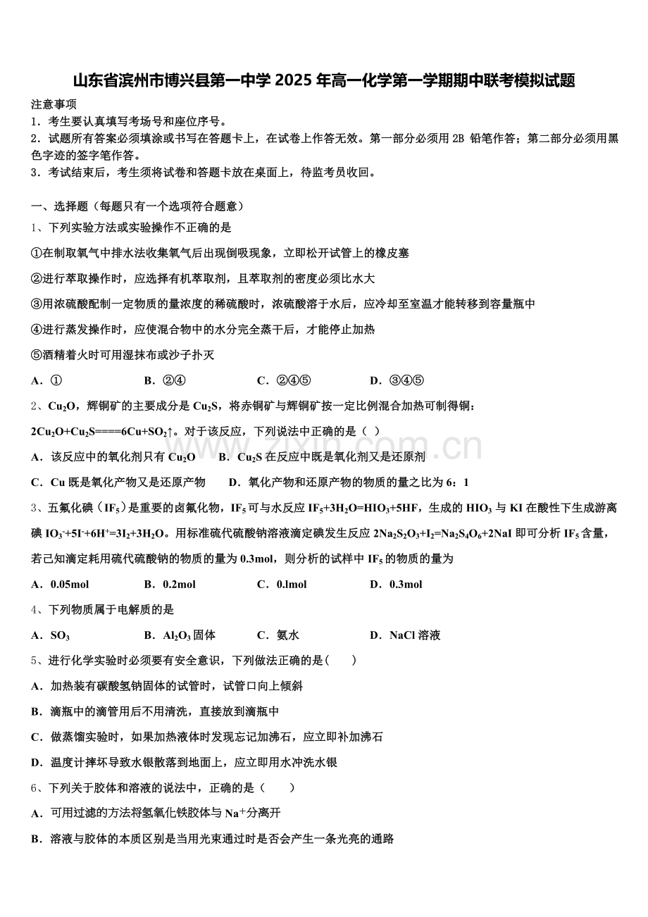 山东省滨州市博兴县第一中学2025年高一化学第一学期期中联考模拟试题含解析.doc_第1页