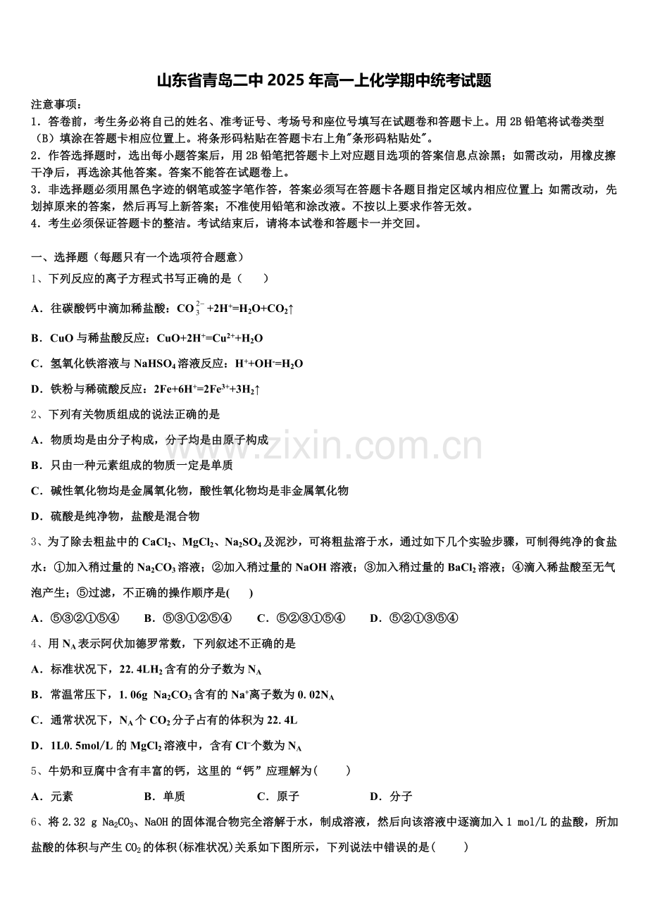 山东省青岛二中2025年高一上化学期中统考试题含解析.doc_第1页