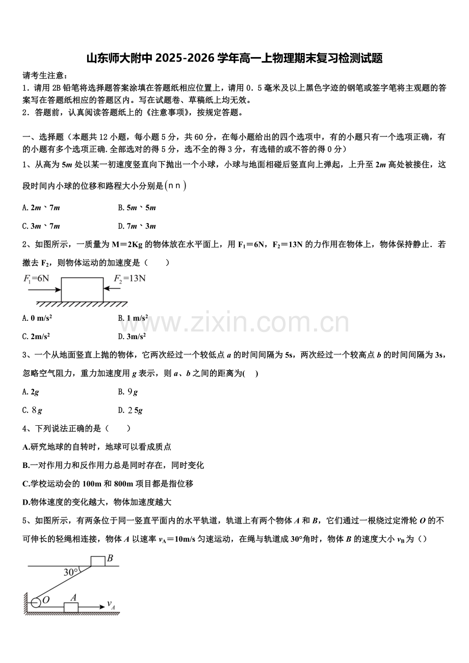 山东师大附中2025-2026学年高一上物理期末复习检测试题含解析.doc_第1页