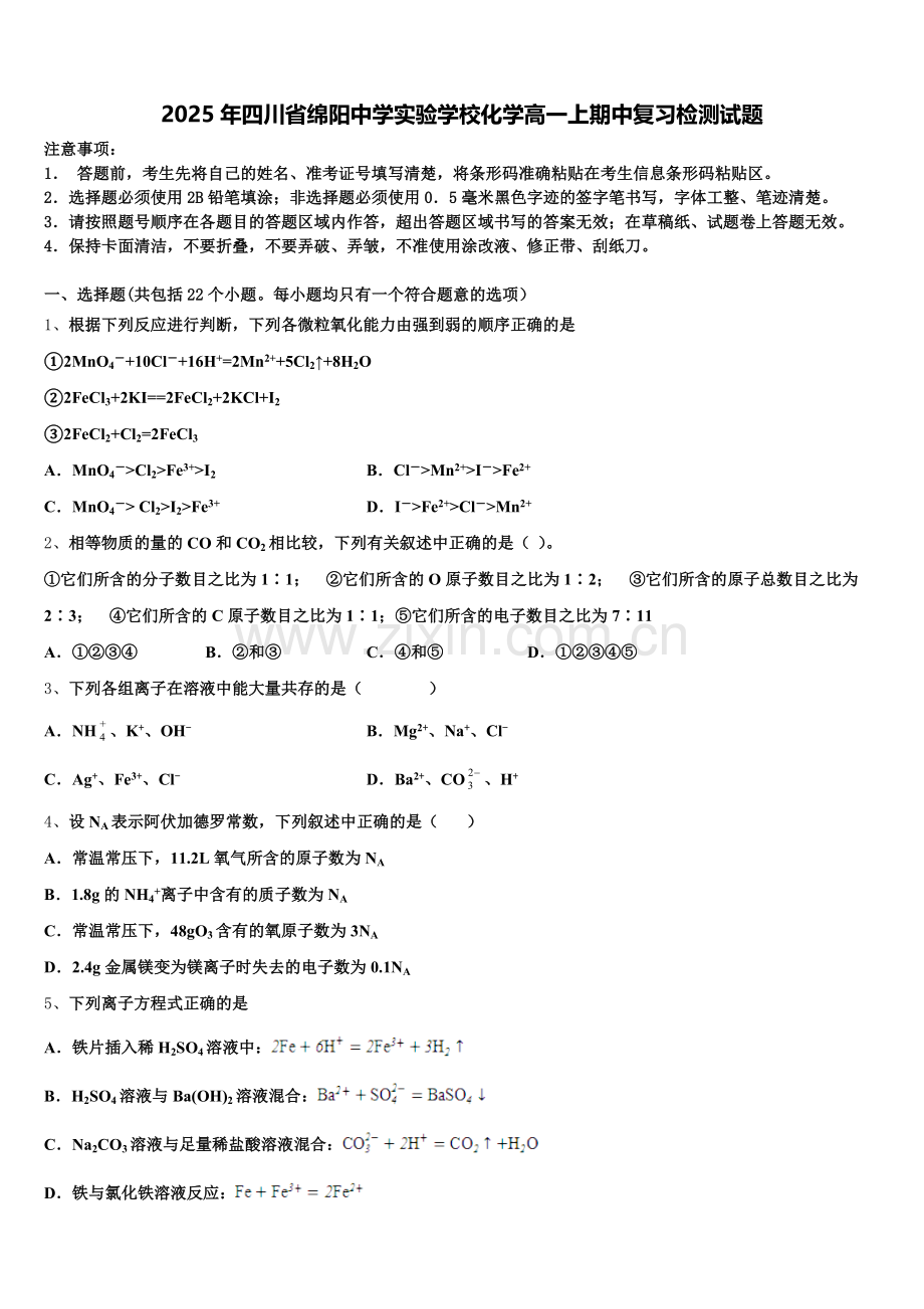 2025年四川省绵阳中学实验学校化学高一上期中复习检测试题含解析.doc_第1页
