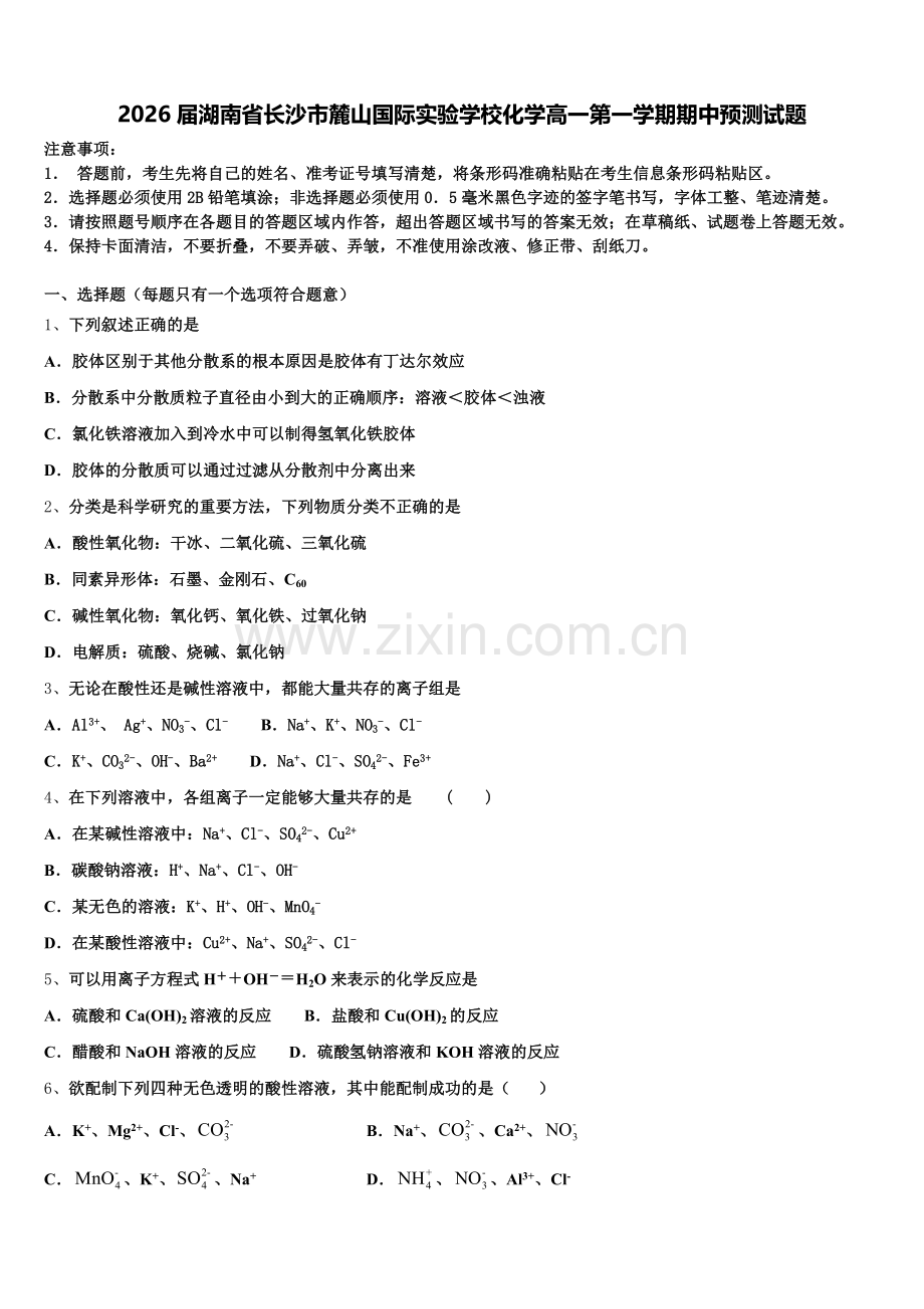 2026届湖南省长沙市麓山国际实验学校化学高一第一学期期中预测试题含解析.doc_第1页