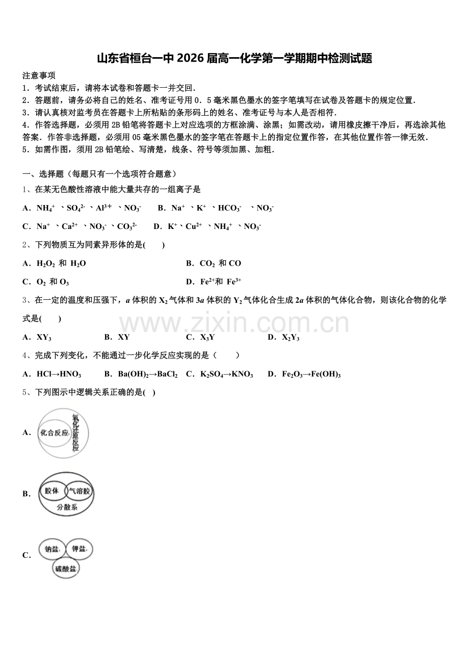 山东省桓台一中2026届高一化学第一学期期中检测试题含解析.doc_第1页