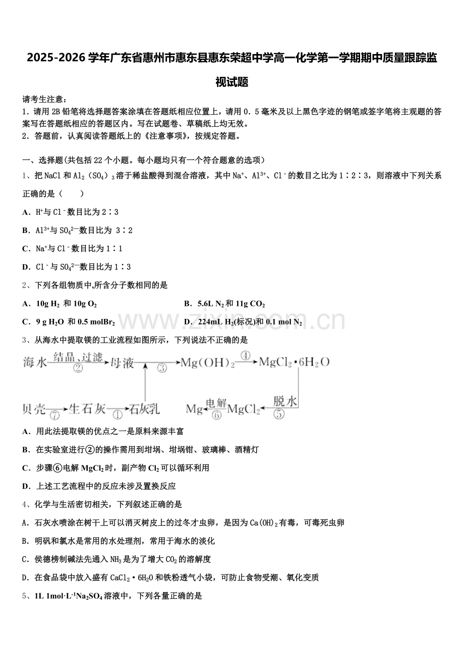 2025-2026学年广东省惠州市惠东县惠东荣超中学高一化学第一学期期中质量跟踪监视试题含解析.doc_第1页