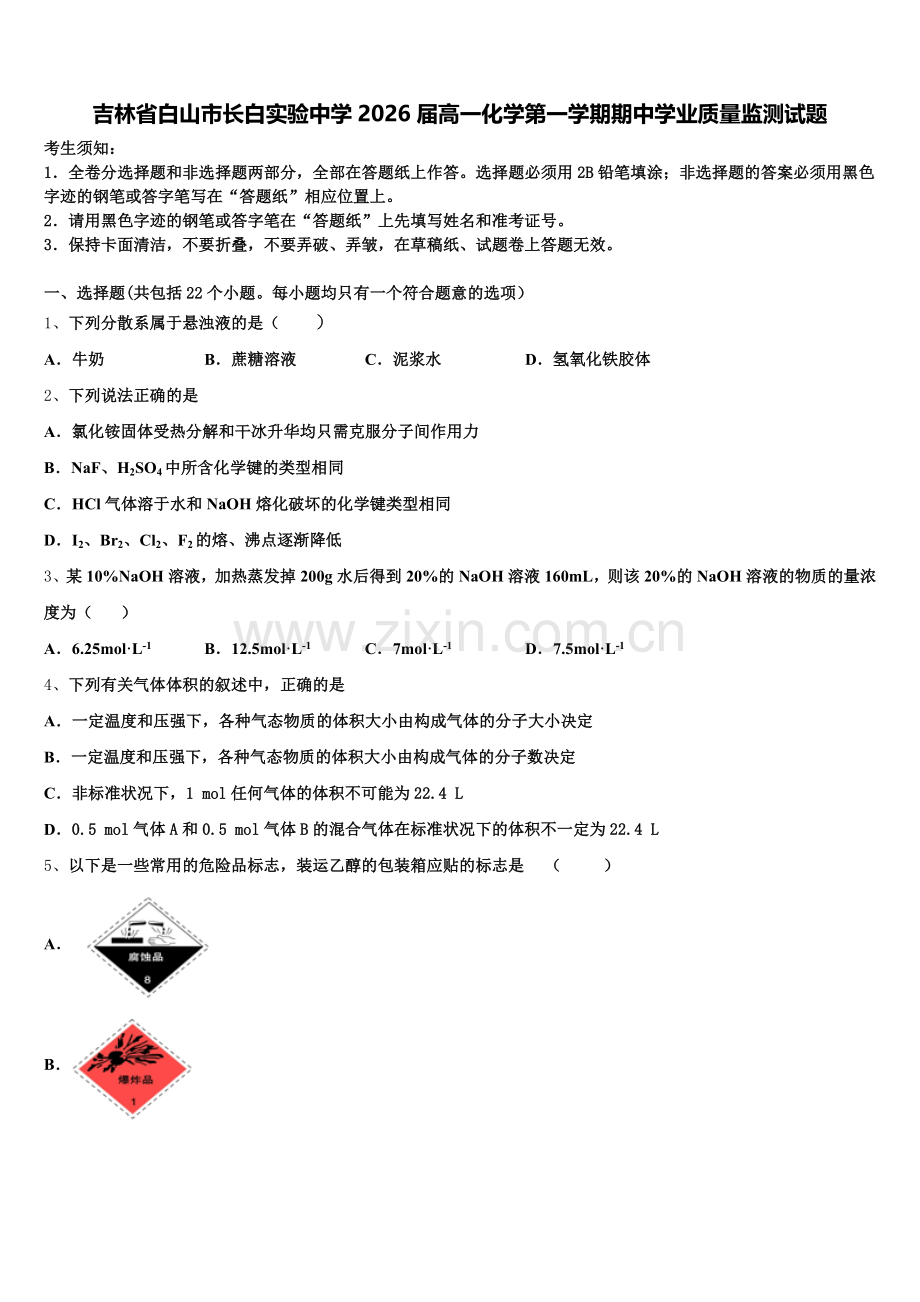 吉林省白山市长白实验中学2026届高一化学第一学期期中学业质量监测试题含解析.doc_第1页