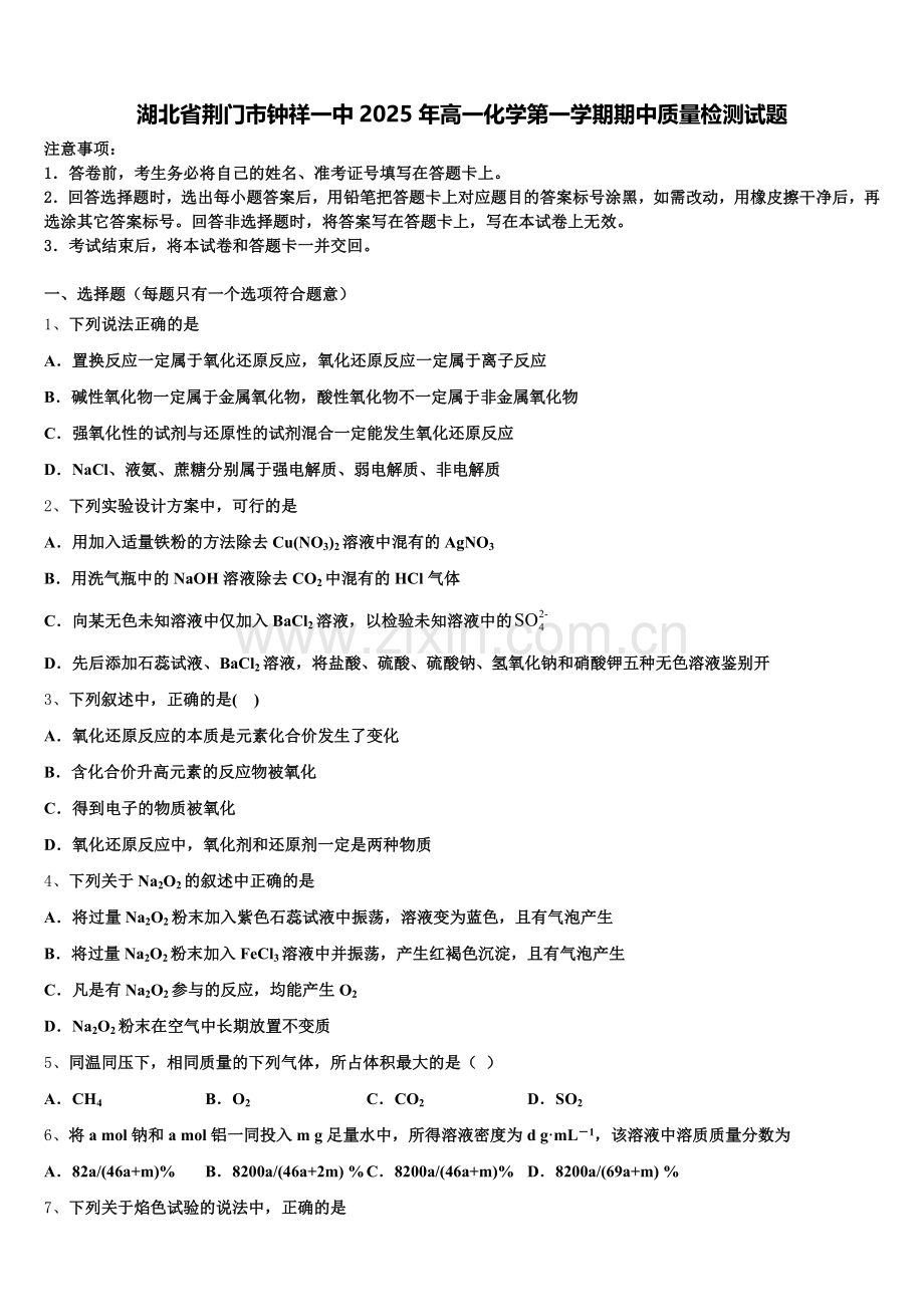 湖北省荆门市钟祥一中2025年高一化学第一学期期中质量检测试题含解析.doc_第1页
