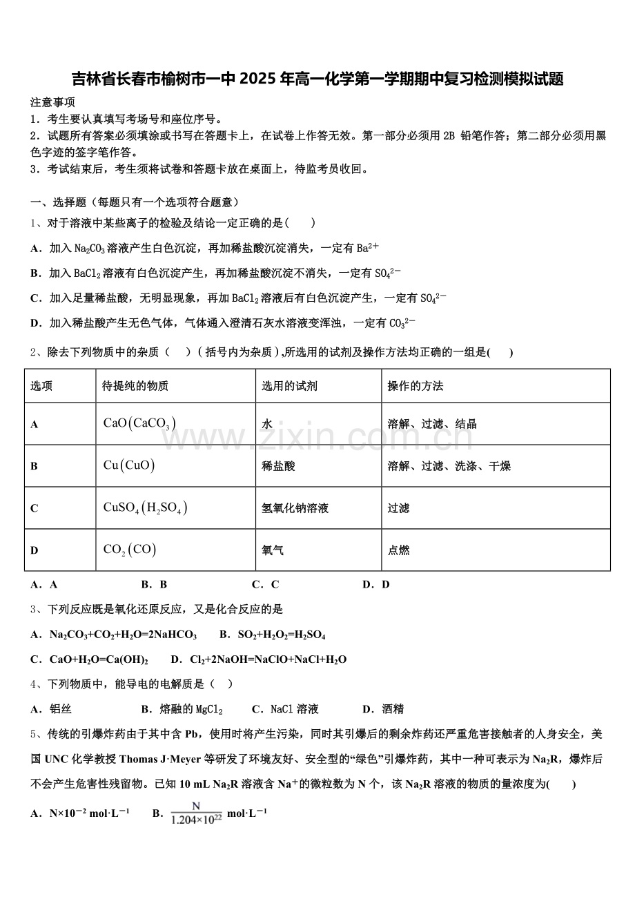 吉林省长春市榆树市一中2025年高一化学第一学期期中复习检测模拟试题含解析.doc_第1页