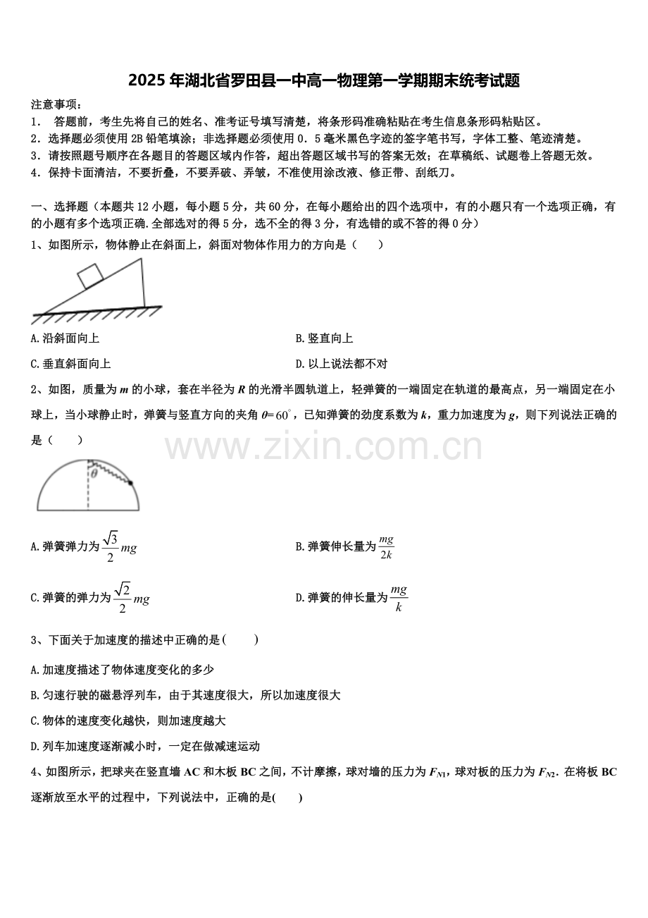 2025年湖北省罗田县一中高一物理第一学期期末统考试题含解析.doc_第1页