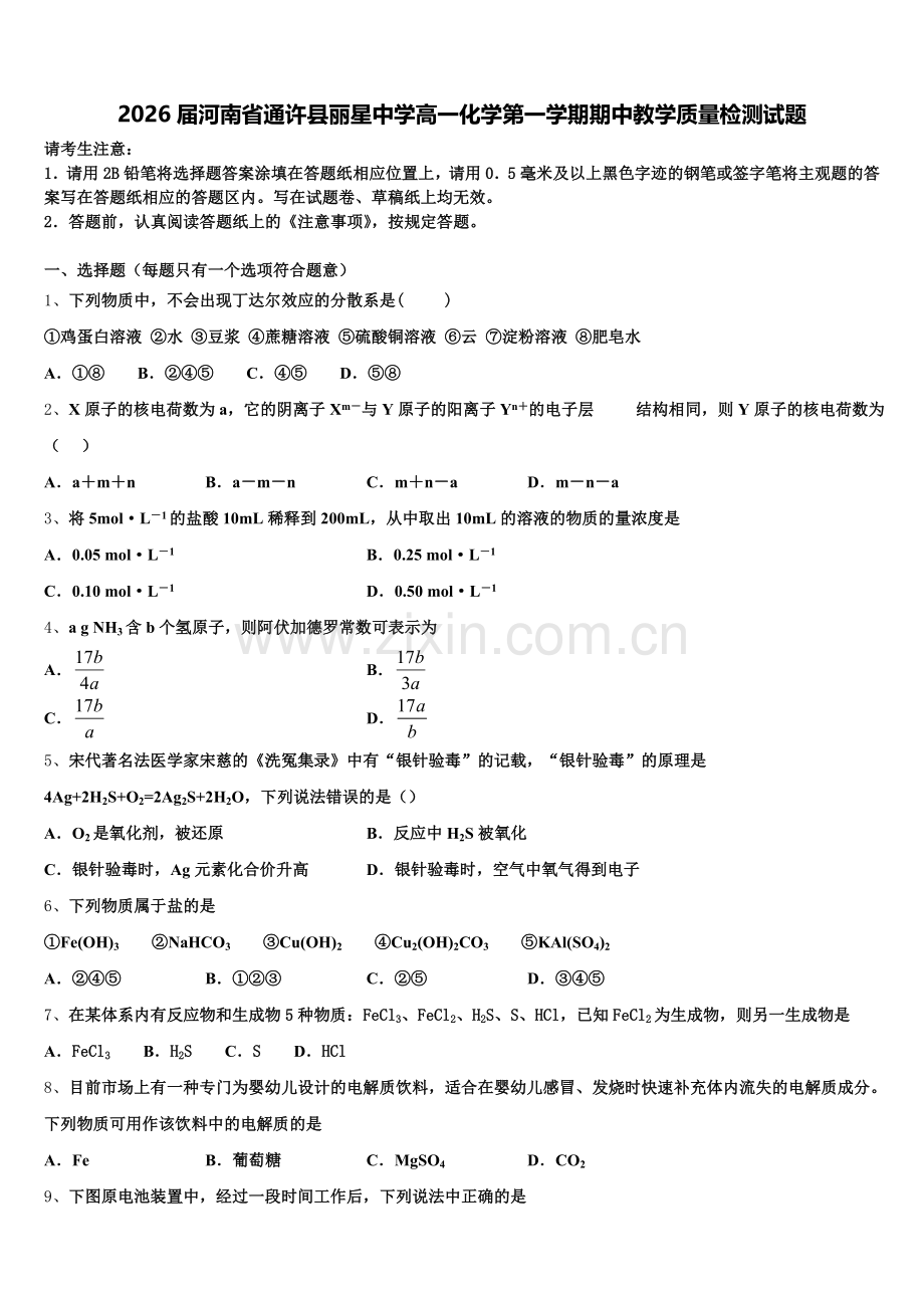 2026届河南省通许县丽星中学高一化学第一学期期中教学质量检测试题含解析.doc_第1页