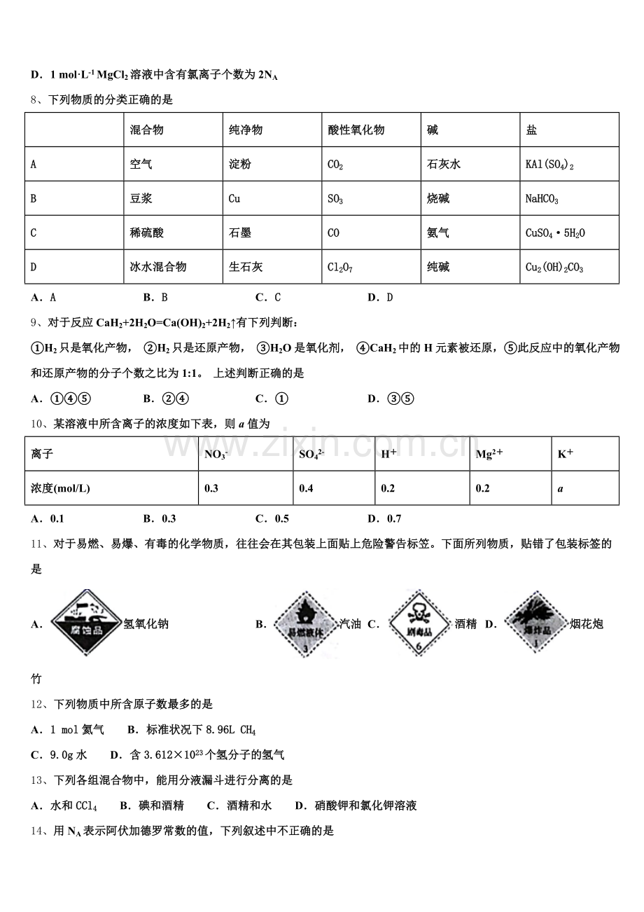 2025年山东省寿光市第一中学化学高一第一学期期中监测模拟试题含解析.doc_第2页