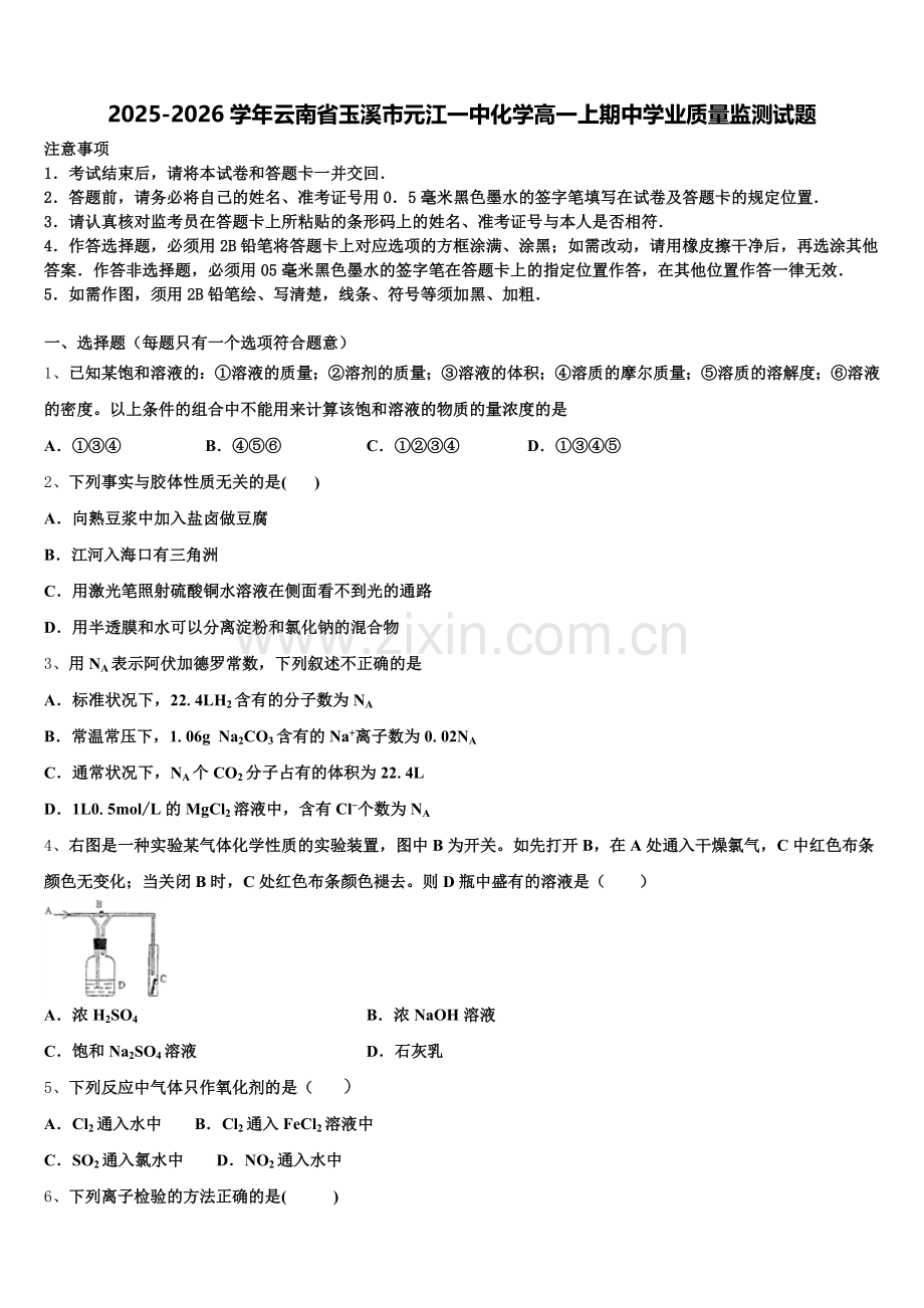 2025-2026学年云南省玉溪市元江一中化学高一上期中学业质量监测试题含解析.doc_第1页