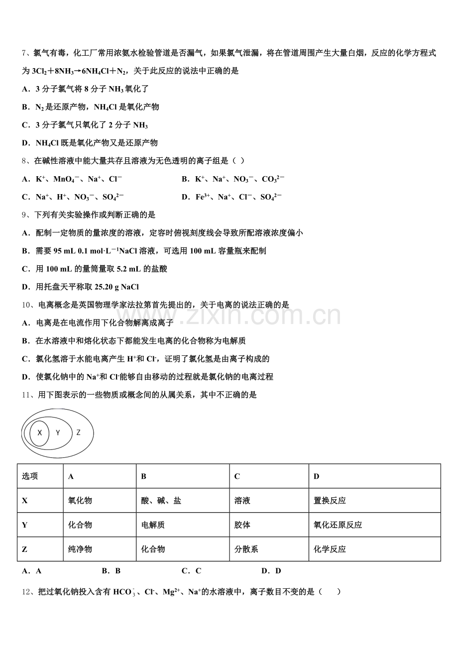 云南省永平县第二中学2026届高一上化学期中统考模拟试题含解析.doc_第2页