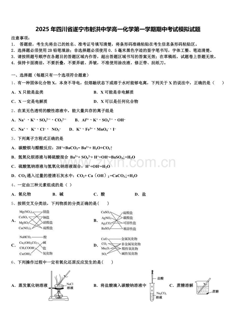 2025年四川省遂宁市射洪中学高一化学第一学期期中考试模拟试题含解析.doc_第1页