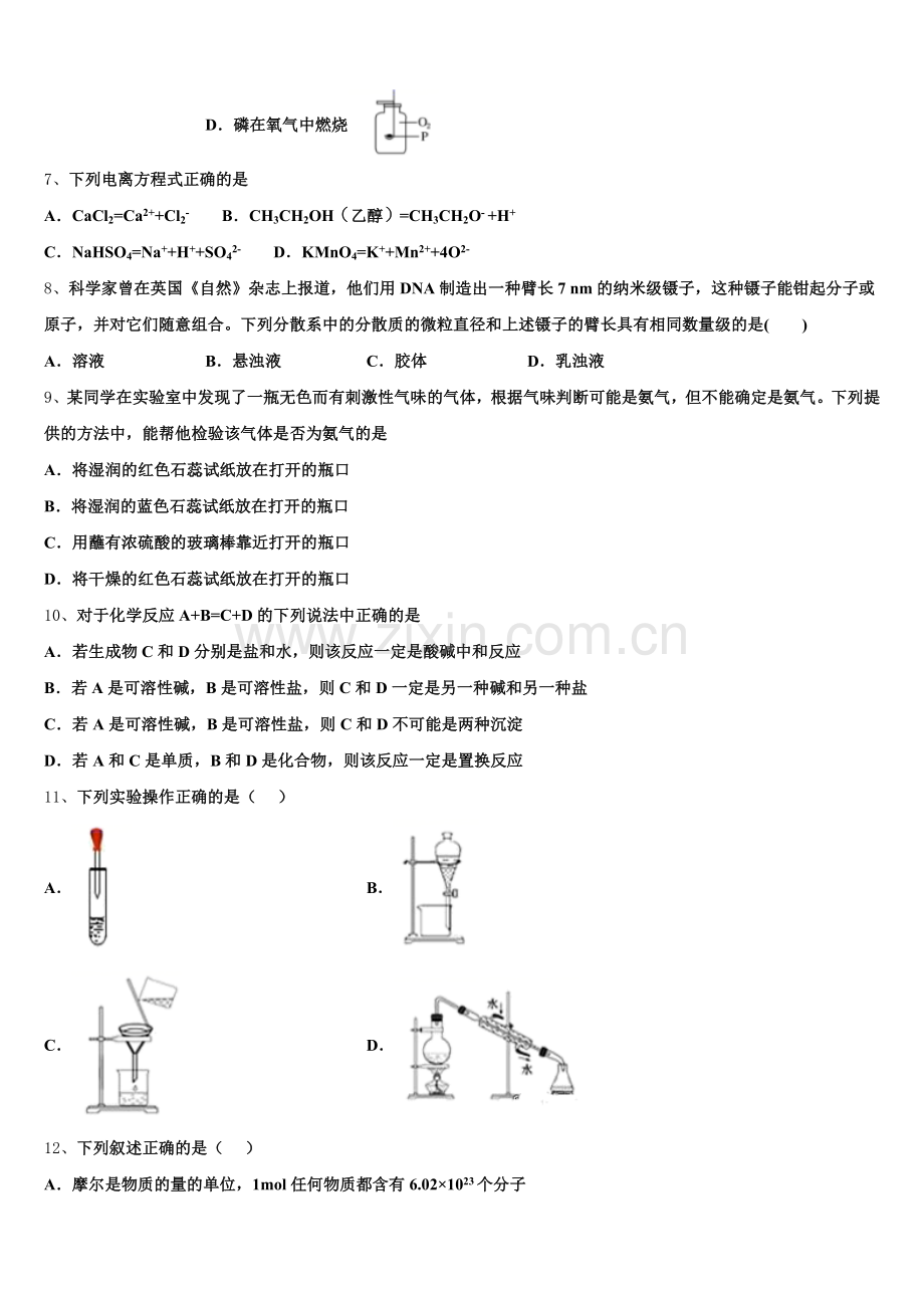2025年四川省遂宁市射洪中学高一化学第一学期期中考试模拟试题含解析.doc_第2页
