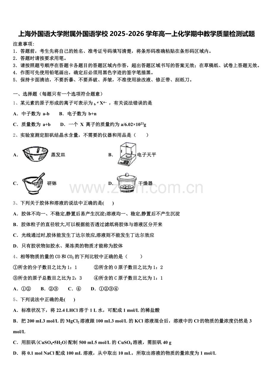 上海外国语大学附属外国语学校2025-2026学年高一上化学期中教学质量检测试题含解析.doc_第1页